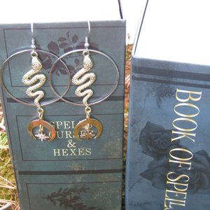 Golden Celestial Snake Huge Statement Dangle Earrings Hoops Witchy Forest Spirit